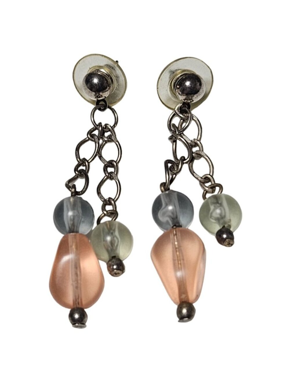 Vintage Beaded Dangle Earrings Silver Tone Pink Blue Beads Retro Fashion Jewelry